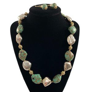Vintage Faux Turquoise Gold Colored Splatter Painted Beaded Necklace Earrings